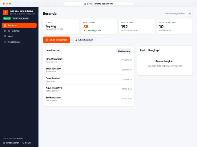 Beranda panel: ringkasan lead & status halaman