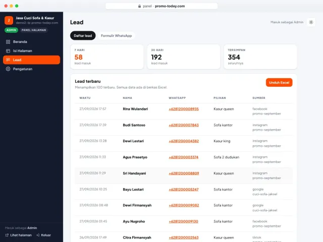 Data lead tersimpan & bisa diunduh Excel